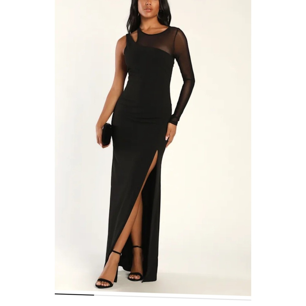 Lulus Infatuation Black Mesh Asymmetrical Mermaid Maxi Dress Size L Cutout Slit